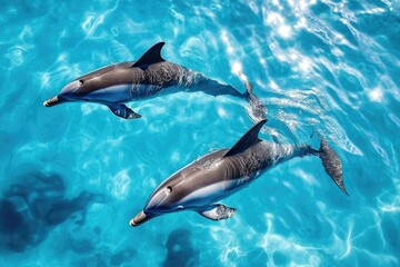 Top - down view of dolphins swimming near the shore in clear blue water