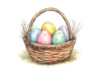 Delightful wicker basket holds vibrant Easter eggs nestled in soft grass, symbolizing spring festivities and joy