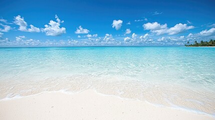 Fototapeta premium Tropical Beach Shoreline; calm turquoise water, white sand, bright blue sky; idyllic vacation destination; scenic; postcard