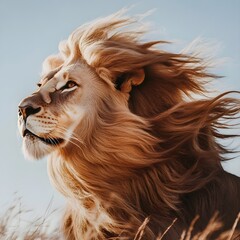 Naklejka premium A close-up of a lion’s golden mane blowing in the wind, its amber eyes filled with wisdom.