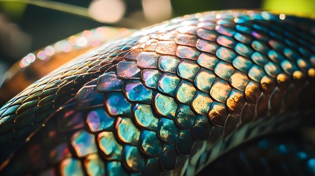 A close-up of a snake&rsquo;s scales, showing the iridescent shimmer under the soft jungle light.