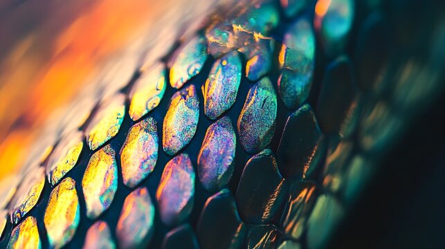 A close-up of a snake&rsquo;s scales, showing the iridescent shimmer under the soft jungle light.