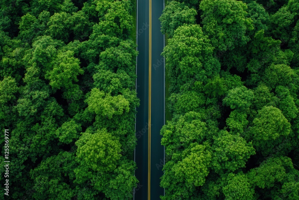 Poster road stretches through lush forest creating a serene escape into natures beauty. generative ai