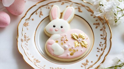 A gourmet-style Easter bunny sugar cookie with gold leaf accents, placed on a fine porcelain plate