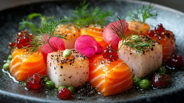 Seared salmon and cod cubes, dill, caviar, peas, edible flowers. Restaurant appetizer