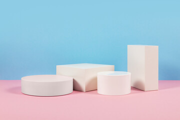 Blue and pink background for product presentation. Empty podiums. Mockup