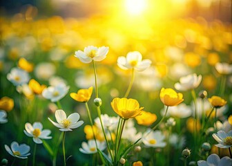 Fototapeta premium A miniature meadow of white and yellow blooms, a fairy garden in spring, captured in macro with bokeh.