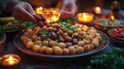 Hands reaching for dates and roasted potatoes on a decorative plate, surrounded by other dishes and candles.