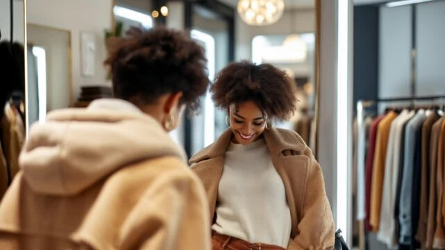 Smiling young woman trying on stylish outfit in boutique fitting room, fashion concept