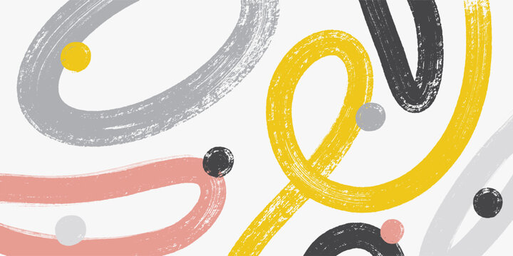 Abstract funky banner, poster with squiggles colored brush strokes, dots. Template with bold curves, squiggles, swirls, circles. Scandinavian funky design banner, background vector illustration.