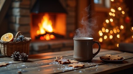 Warm gluhwein mug on rustic table in traditional German chalet by the fire