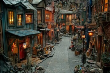 Nighttime alley with lanterns and old shops