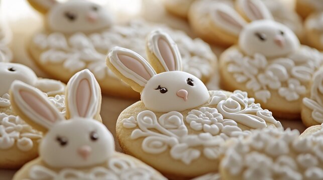 An upscale bakery advertisement featuring close-ups of gourmet bunny sugar cookies, each showcasing an elegant design