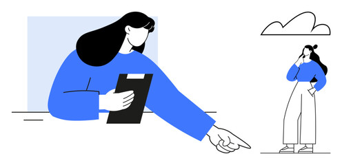 A person holding a clipboard points towards another figure standing thoughtfully with a hand on their chin. Ideal for business guidance, leadership, decision-making, teamwork, instruction