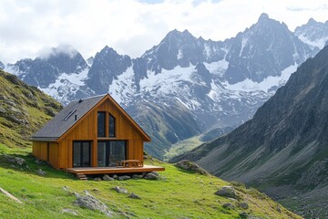 Cabin in the mountains with snow-covered peaks