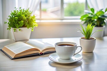 Clean white desk, open book, steaming coffee, vibrant plant, portrait-style lighting.
