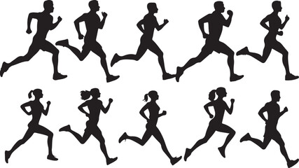 A set of black silhouettes of men and women running, perfect for representing athleticism, fitness, health, and a healthy lifestyle.