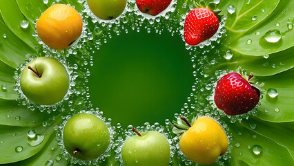 Top view of the fruits with water droplets 
