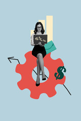 Template collage design trend artwork 3D sketch of human resources worker office job young woman sit cogwheel type laptop earnings dollar