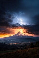 Lightning striking a distant mountain peak, with rolling thunderclouds in the background,