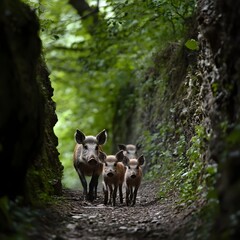 A family of wild boars crossing a narrow woodland path, their young following closely