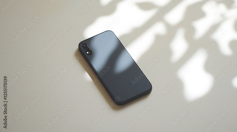 Poster smartphone on light surface with leaf shadows. possible use product photography