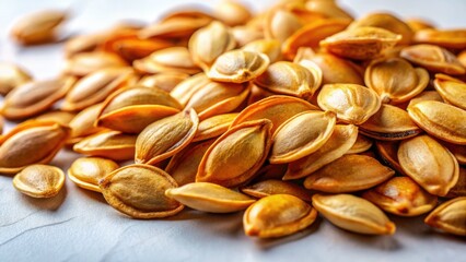 Crisp, high-resolution images of roasted pumpkin seeds, perfectly isolated against a stark white background.