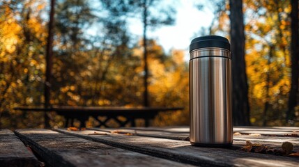 Fototapeta premium A sleek, modern stainless steel thermos on a picnic table with the background of a forest hike.