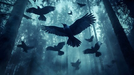 Fototapeta premium A flock of crows taking flight above a dark and moody forest.