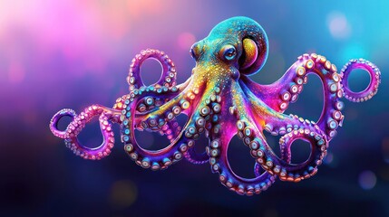 Naklejka premium Colorful Pixel Art Octopus In Glowing Background