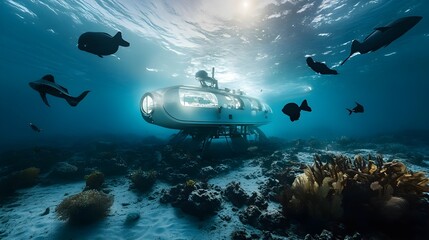 Obraz premium A futuristic underwater research station surrounded by curious marine life.