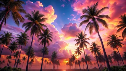Naklejka premium Dreamlike pink sunset paints a surreal tropical paradise, palm trees silhouetted against fantasy skies.