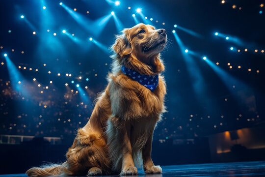 A golden retriever wearing a star-spangled bandana sits under blue stage lights, gazing into the distance