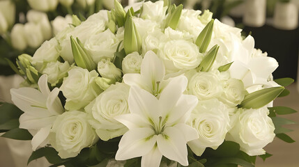 Fototapeta premium White roses lilies funeral bouquet shop