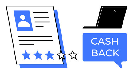 Document with four-star rating, profile image, laptop with CASH BACK speech bubble. Ideal for customer reviews, feedback, evaluation, rewards, quality assurance, online purchases and e-commerce