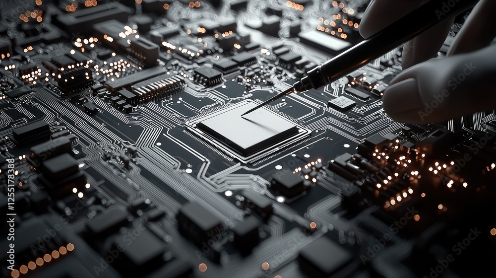 Poster an intricately soldered circuit board with a technician carefully placing multimeter probes to diagn