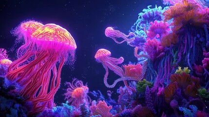 Pixelated Glowing Jellyfish In Underwater Coral Reef