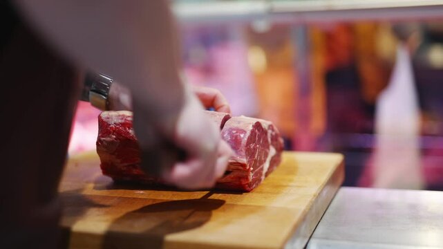 A butcher is cutting a piece of meat on a wooden cutting board. The butcher is wearing a watch and has a knife in his hand. The scene is set in a butcher shop, and the butcher is focused on his task