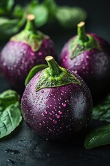 Fresh purple eggplants with dew drops on dark background