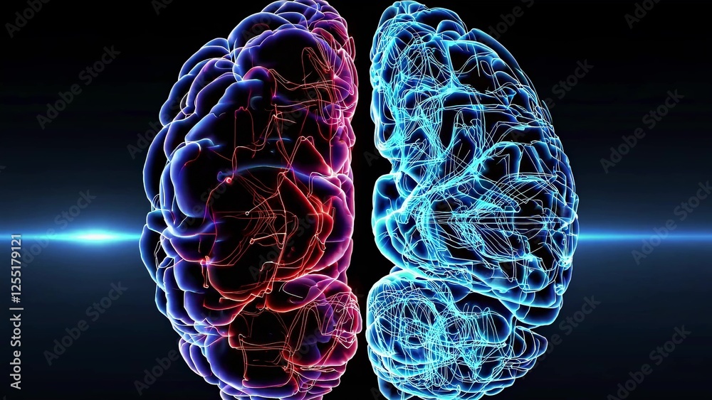 Poster multicolored human brain glowing and pulsating, revealing neural activity patterns through six inter