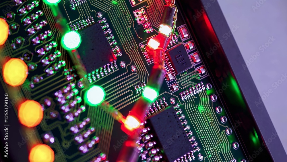 Poster colorful leds illuminating intricate circuit board pathways, revealing sophisticated electronic desi