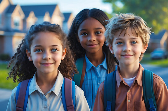 Three Diverse Students Walking to School on a Sunny Morning, Carrying Backpacks and Dressed in Casual Attire, Set Against a Blurred Suburban Background with Trees and Houses