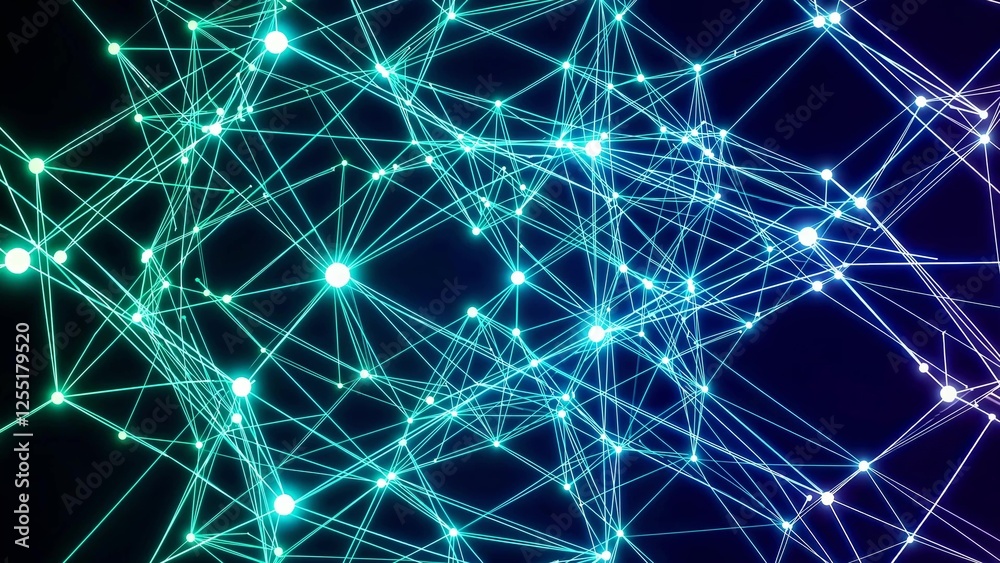 Poster glowing nodes are connecting with lines, creating a dynamic plexus network that represents data flow
