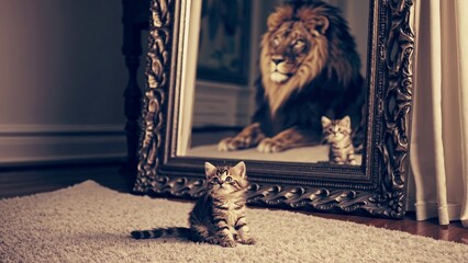 Vulnerable kitten gazing intently at powerful lion reflection within vintage mirror, symbolizing transformative journey of inner courage, potential, and self-empowerment