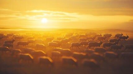 Obraz premium A golden sunrise illuminating a vast herd of caribou moving through the tundra.