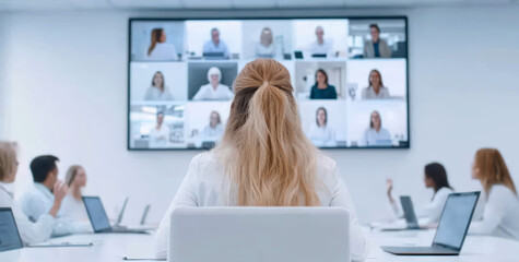 Employees attending a hybrid conference with on-screen participants in a modern office