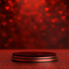 Obraz premium Minimalist red podium for product presentation with heart bokeh lights for Valentine’s Day