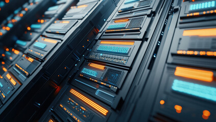 Modern data center with illuminated black server cabinets and vibrant lights