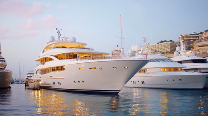 Luxurious yachts moored in a serene marina at sunset with scenic backdrop