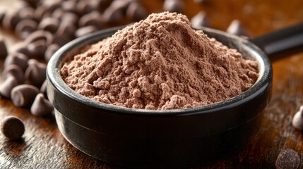 Chocolate powder in a measuring cup with chocolate chips.